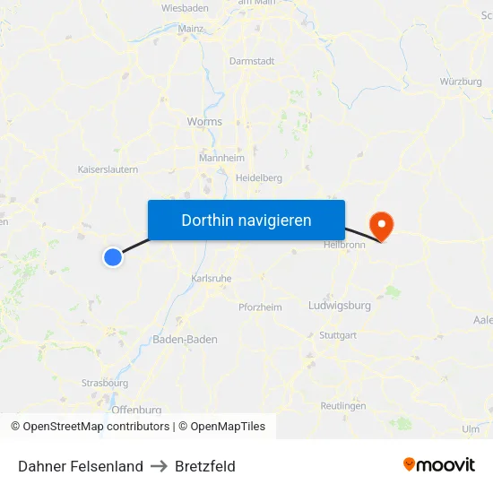 Dahner Felsenland to Bretzfeld map