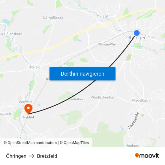 Öhringen to Bretzfeld map