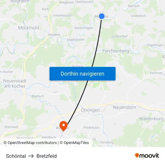 Schöntal to Bretzfeld map