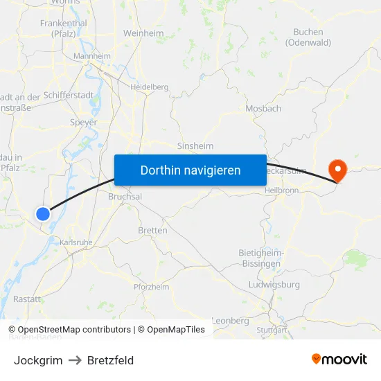 Jockgrim to Bretzfeld map