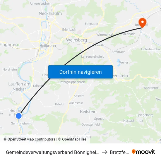 Gemeindeverwaltungsverband Bönnigheim to Bretzfeld map