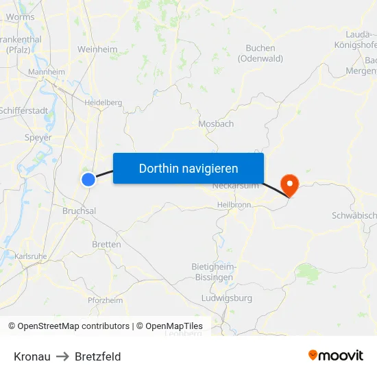 Kronau to Bretzfeld map