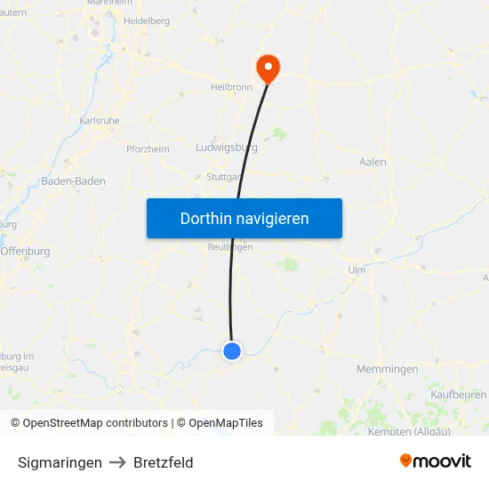 Sigmaringen to Bretzfeld map