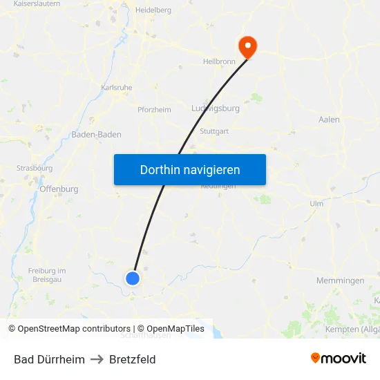 Bad Dürrheim to Bretzfeld map