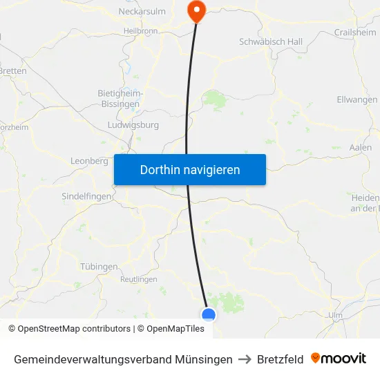 Gemeindeverwaltungsverband Münsingen to Bretzfeld map