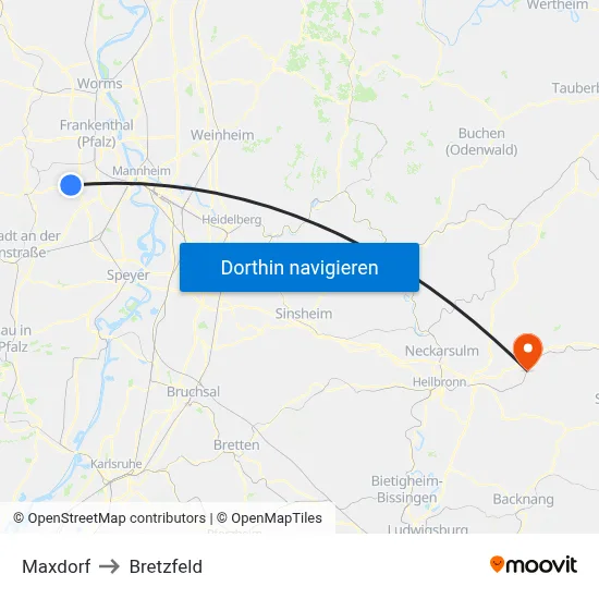 Maxdorf to Bretzfeld map