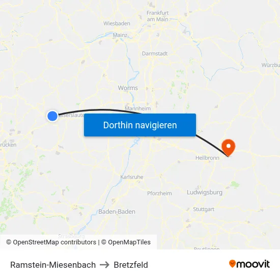 Ramstein-Miesenbach to Bretzfeld map