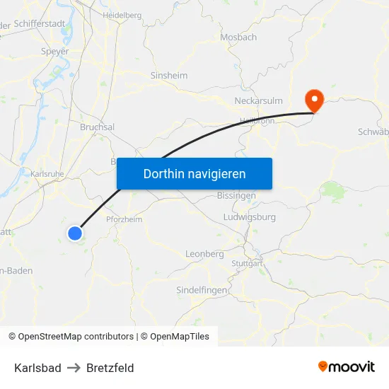 Karlsbad to Bretzfeld map