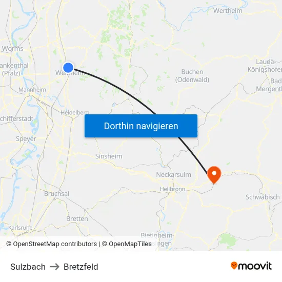 Sulzbach to Bretzfeld map