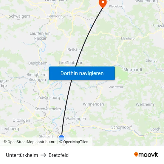 Untertürkheim to Bretzfeld map