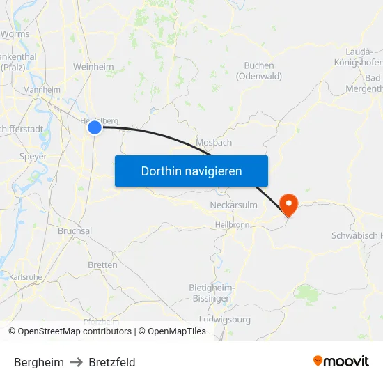 Bergheim to Bretzfeld map