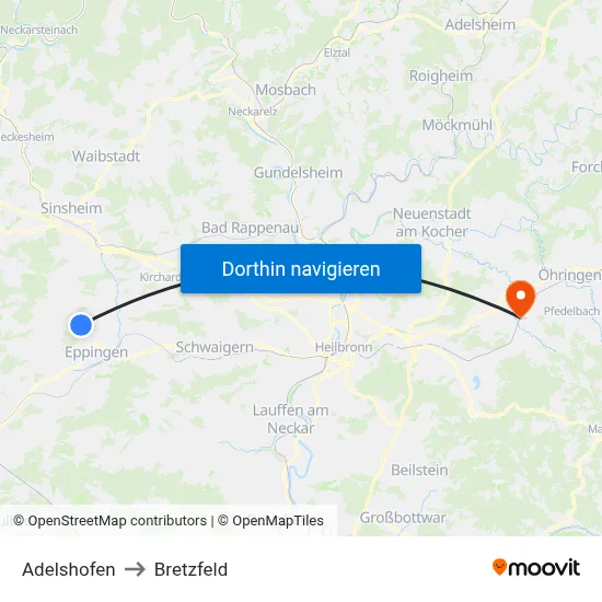 Adelshofen to Bretzfeld map