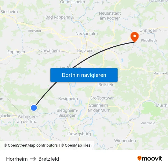 Horrheim to Bretzfeld map