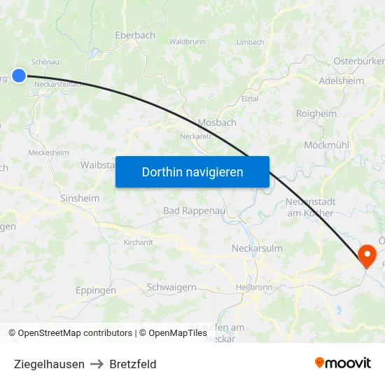 Ziegelhausen to Bretzfeld map