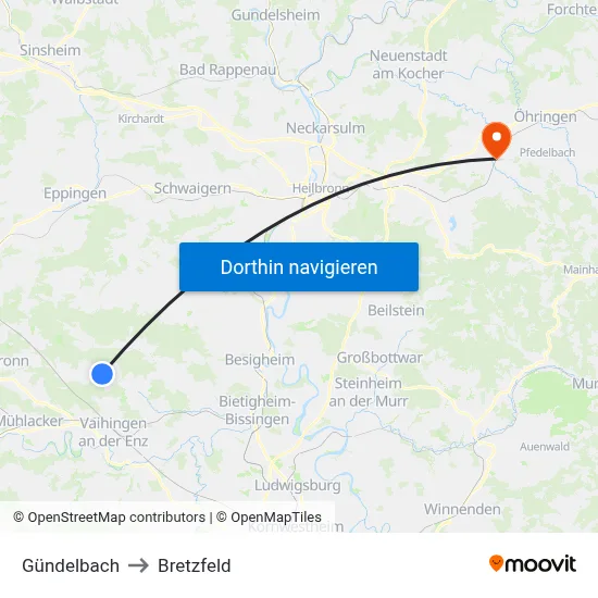Gündelbach to Bretzfeld map