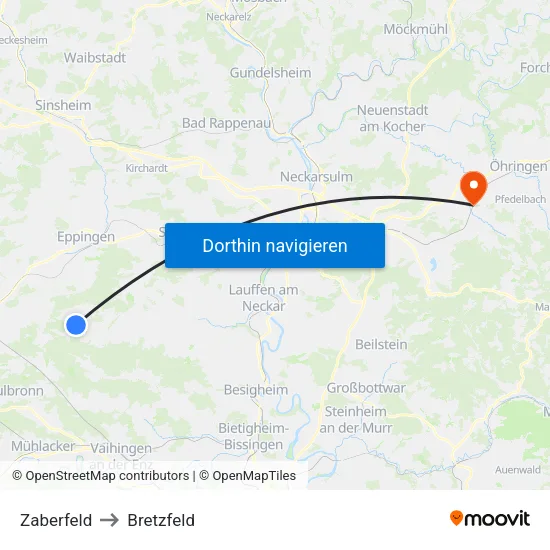 Zaberfeld to Bretzfeld map