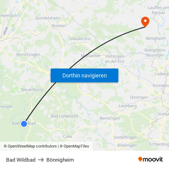 Bad Wildbad to Bönnigheim map
