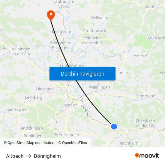 Altbach to Bönnigheim map
