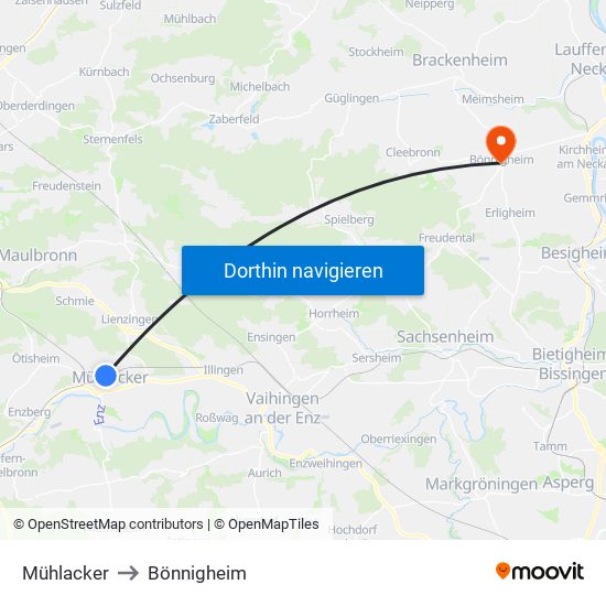 Mühlacker to Bönnigheim map
