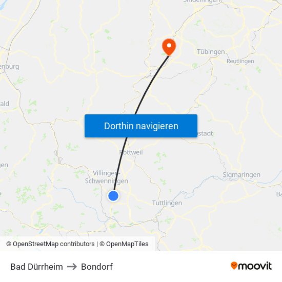 Bad Dürrheim to Bondorf map