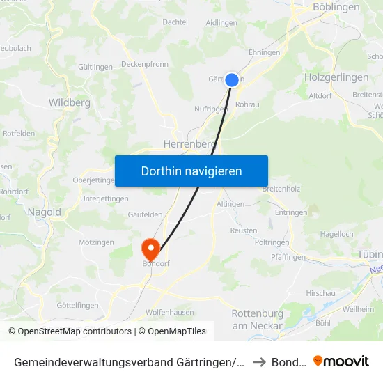 Gemeindeverwaltungsverband Gärtringen/Ehningen to Bondorf map