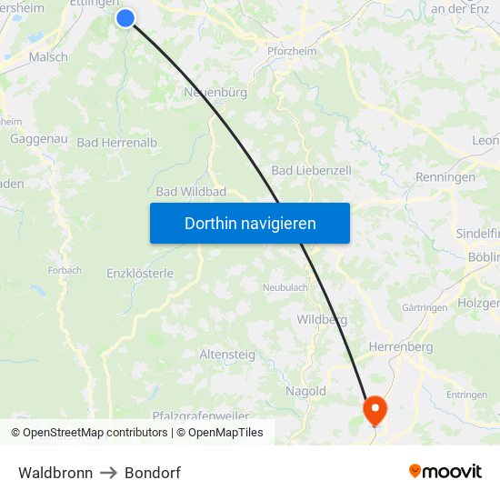 Waldbronn to Bondorf map