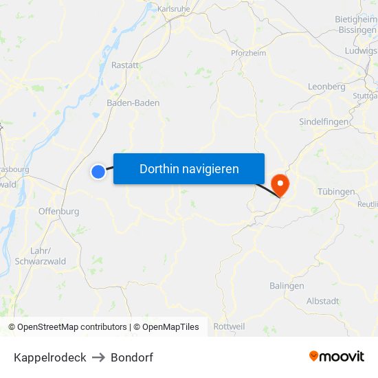 Kappelrodeck to Bondorf map