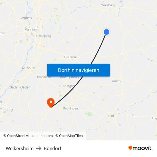 Weikersheim to Bondorf map