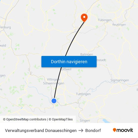 Verwaltungsverband Donaueschingen to Bondorf map