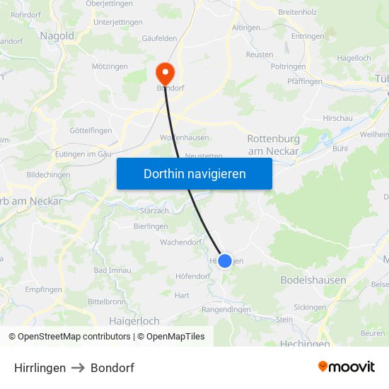 Hirrlingen to Bondorf map