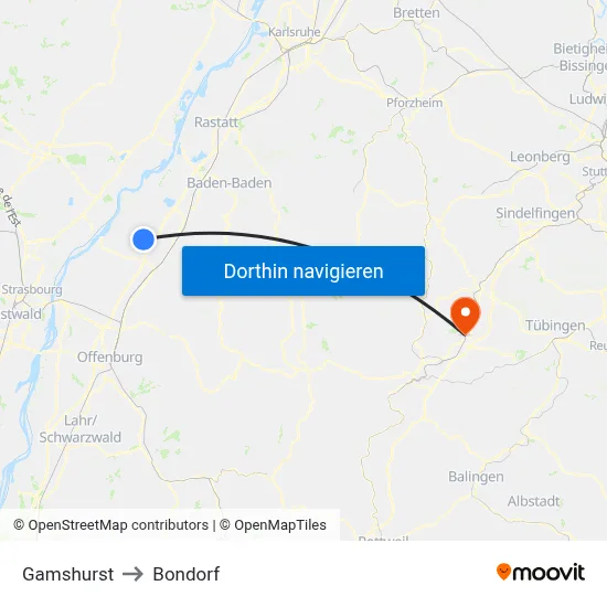 Gamshurst to Bondorf map