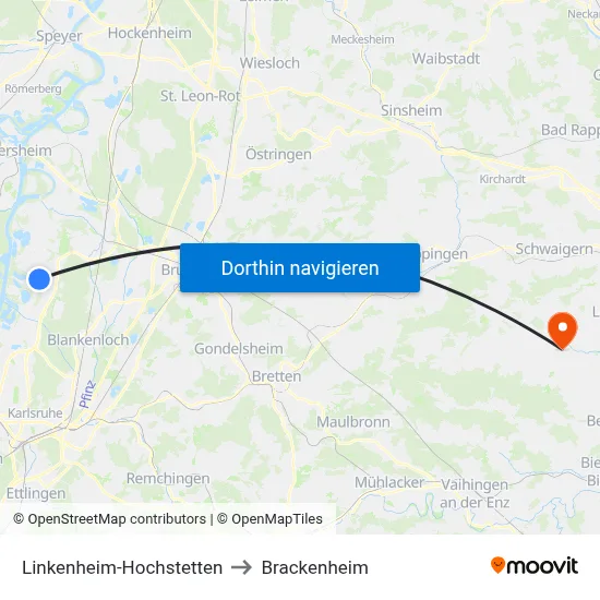 Linkenheim-Hochstetten to Brackenheim map
