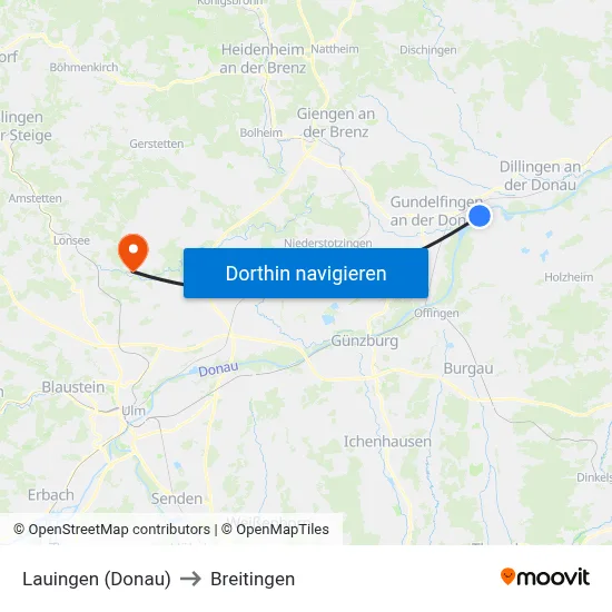 Lauingen (Donau) to Breitingen map