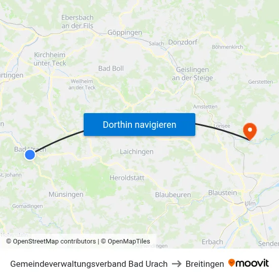 Gemeindeverwaltungsverband Bad Urach to Breitingen map