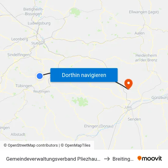 Gemeindeverwaltungsverband Pliezhausen to Breitingen map