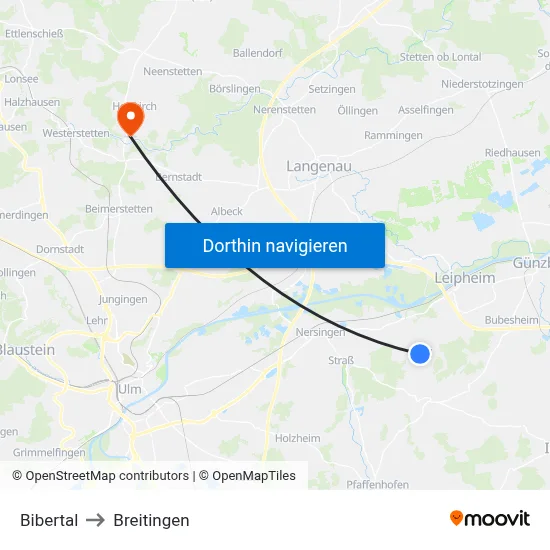 Bibertal to Breitingen map