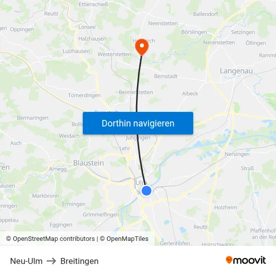 Neu-Ulm to Breitingen map