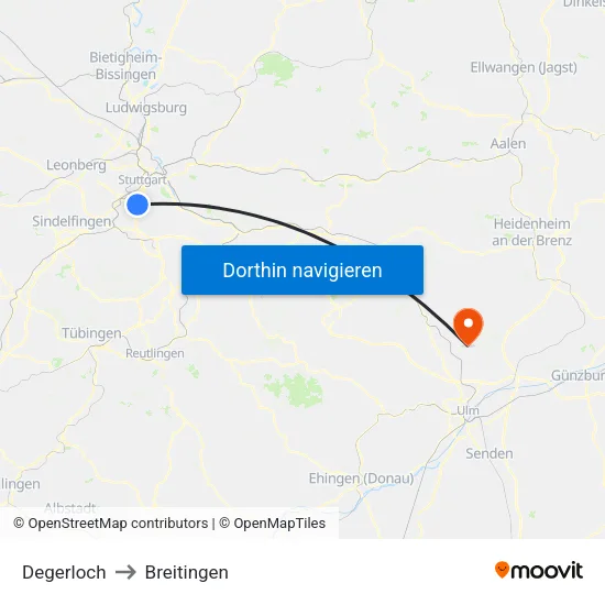 Degerloch to Breitingen map
