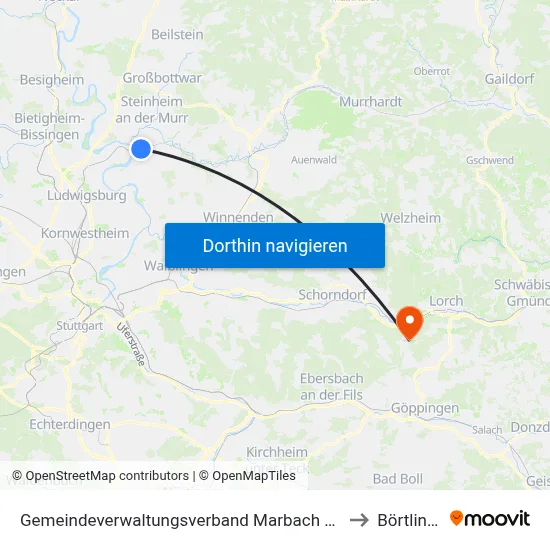 Gemeindeverwaltungsverband Marbach am Neckar to Börtlingen map