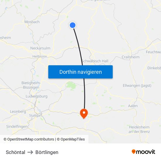 Schöntal to Börtlingen map