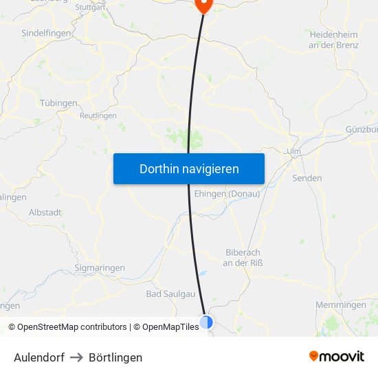 Aulendorf to Börtlingen map