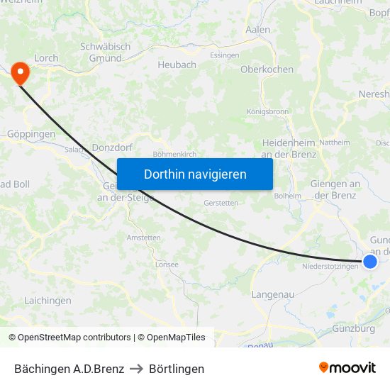 Bächingen A.D.Brenz to Börtlingen map