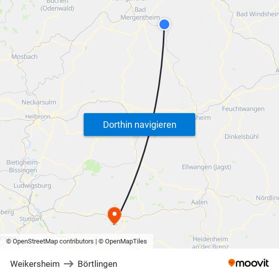 Weikersheim to Börtlingen map