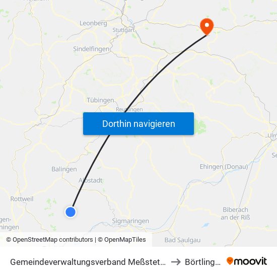 Gemeindeverwaltungsverband Meßstetten to Börtlingen map