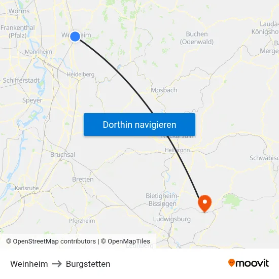 Weinheim to Burgstetten map
