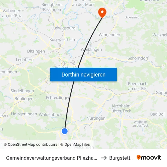 Gemeindeverwaltungsverband Pliezhausen to Burgstetten map