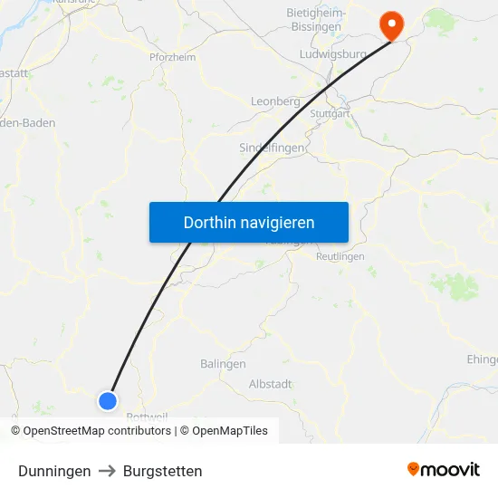 Dunningen to Burgstetten map