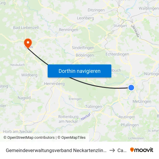 Gemeindeverwaltungsverband Neckartenzlingen to Calw map