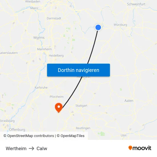 Wertheim to Calw map