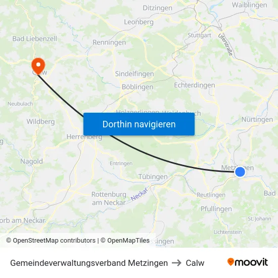 Gemeindeverwaltungsverband Metzingen to Calw map